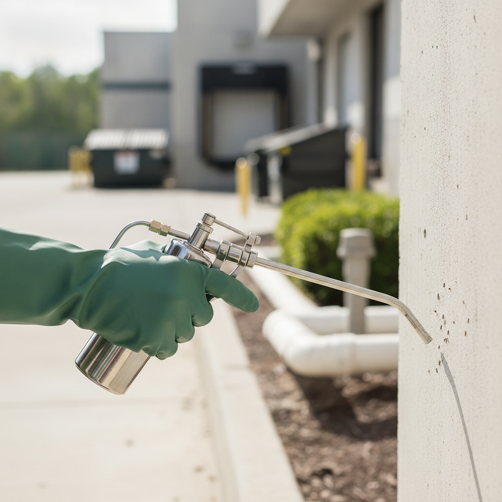 Commercial Pest Control  no peoples face just hand wearing long green gloves